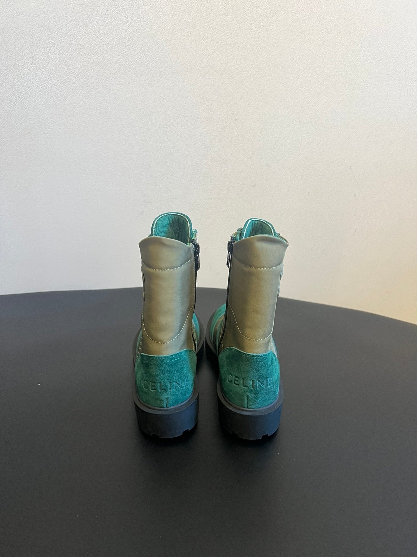CELINE 26S LACE-UP ANKLE BOOTS IN TEAL GREEN SUEDE AND GRAYISH GREEN LAMBSKIN