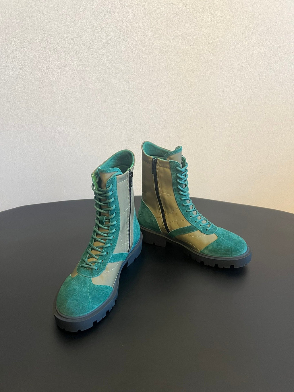 CELINE 26S LACE-UP ANKLE BOOTS IN TEAL GREEN SUEDE AND GRAYISH GREEN LAMBSKIN