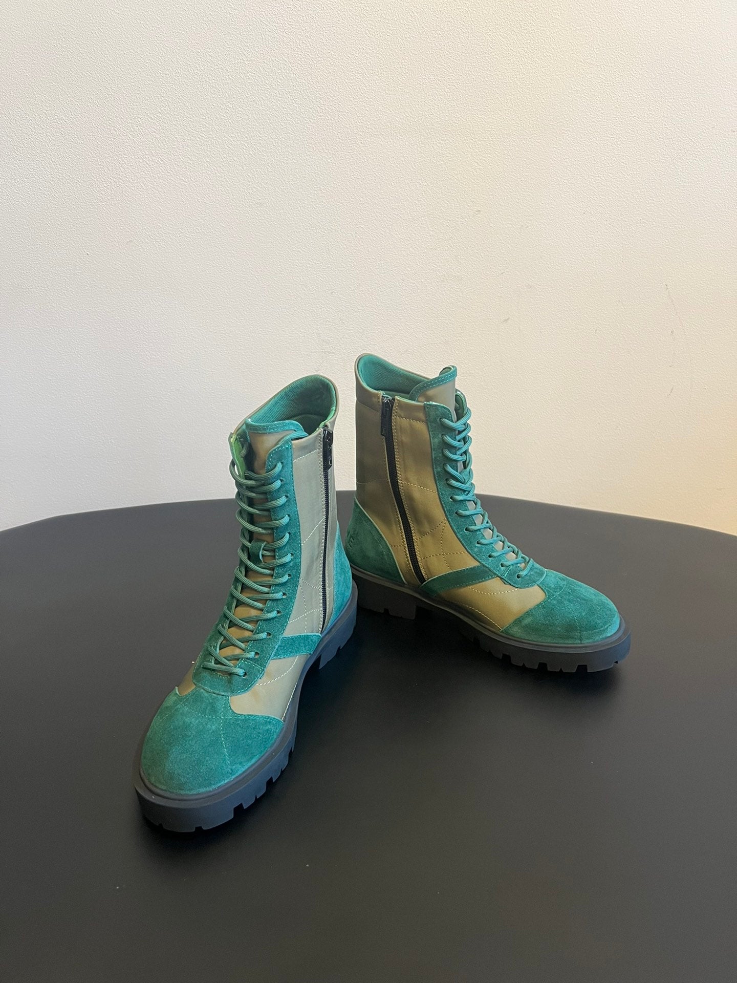 CELINE 26S LACE-UP ANKLE BOOTS IN TEAL GREEN SUEDE AND GRAYISH GREEN LAMBSKIN