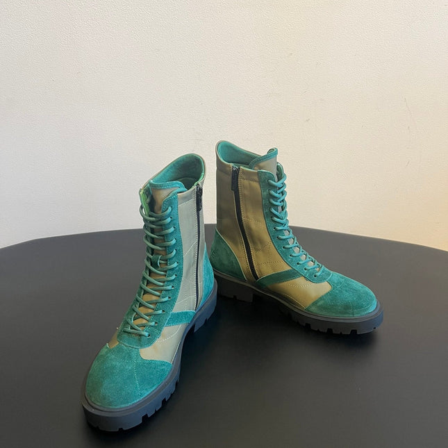 CELINE 26S LACE-UP ANKLE BOOTS IN TEAL GREEN SUEDE AND GRAYISH GREEN LAMBSKIN