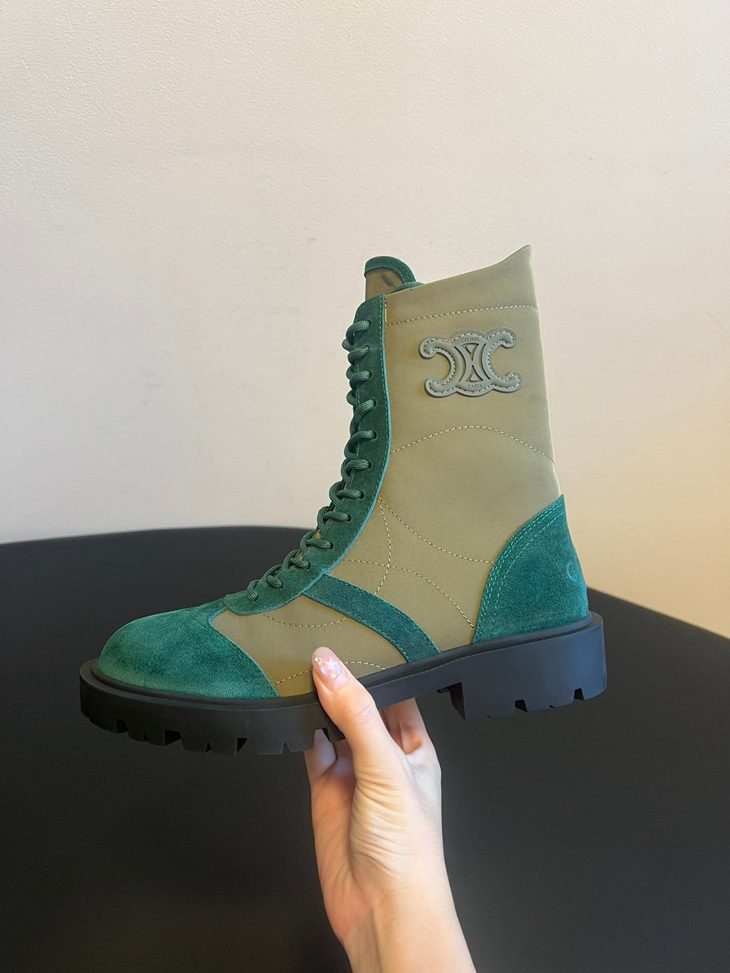 CELINE 26S LACE-UP ANKLE BOOTS IN TEAL GREEN SUEDE AND GRAYISH GREEN LAMBSKIN