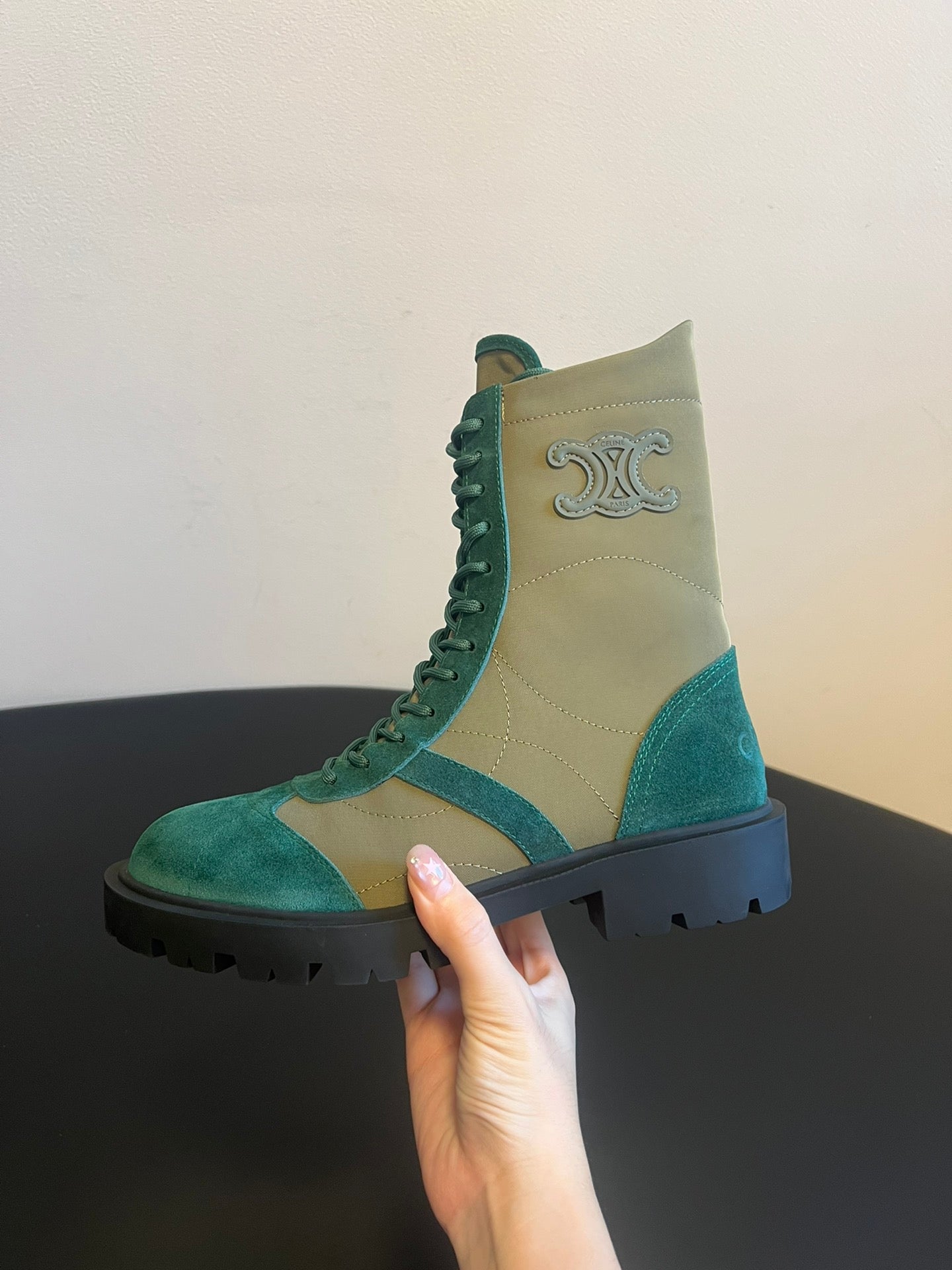 CELINE 26S LACE-UP ANKLE BOOTS IN TEAL GREEN SUEDE AND GRAYISH GREEN LAMBSKIN