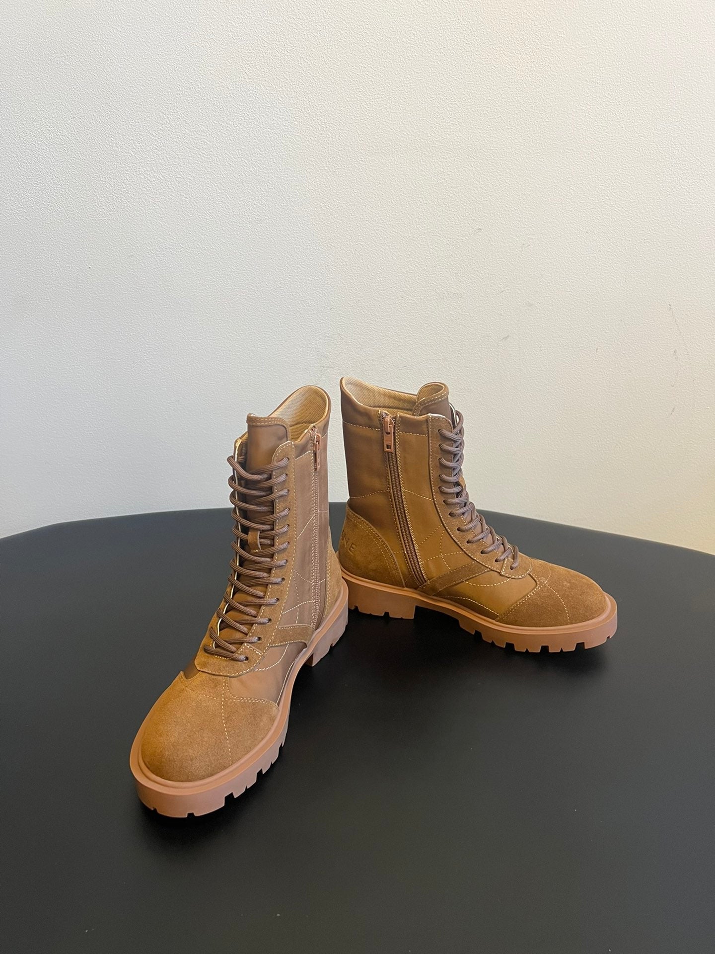 CELINE 26S LACE-UP ANKLE BOOTS IN BROWN SUEDE AND CANVAS