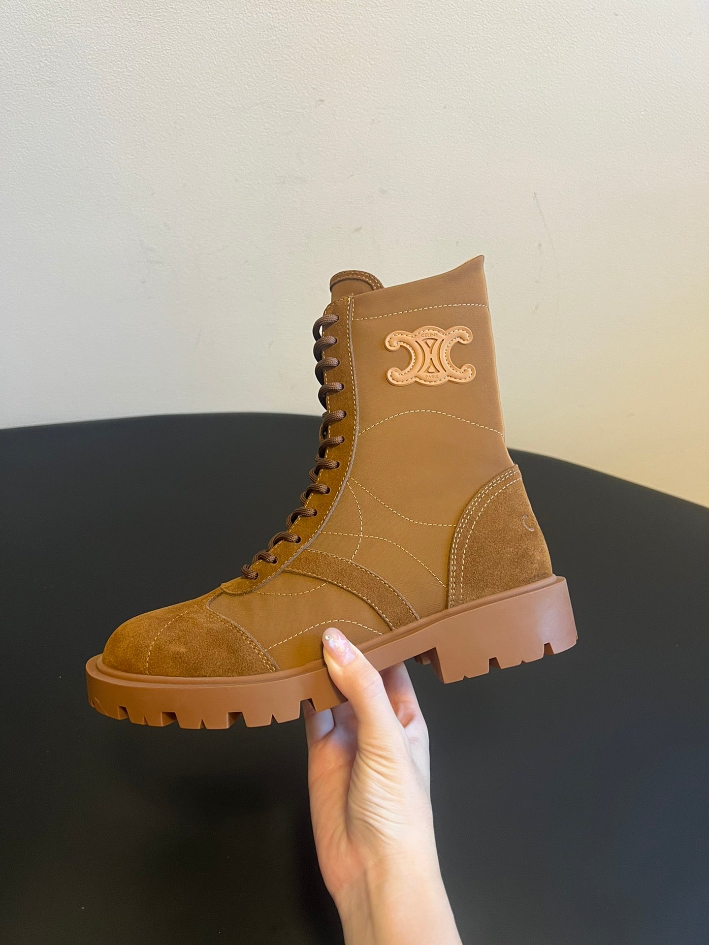 CELINE 26S LACE-UP ANKLE BOOTS IN BROWN SUEDE AND CANVAS
