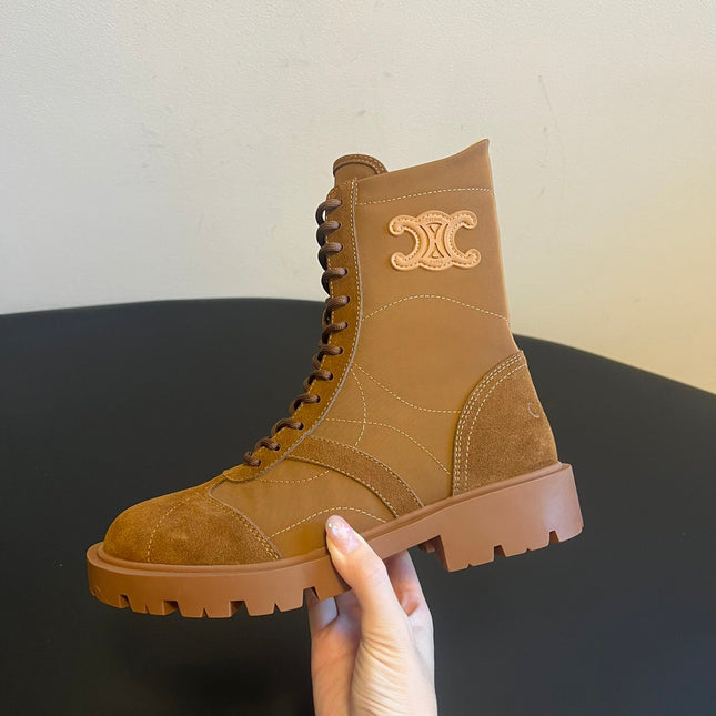 CELINE 26S LACE-UP ANKLE BOOTS IN BROWN SUEDE AND CANVAS