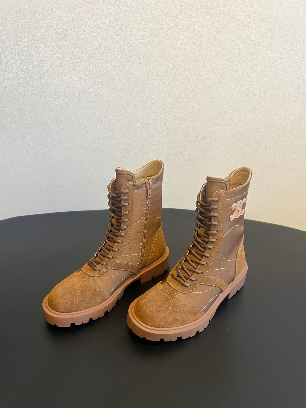 CELINE 26S LACE-UP ANKLE BOOTS IN BROWN SUEDE AND CANVAS