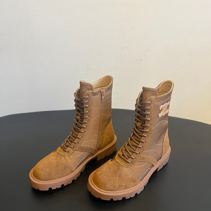 CELINE 26S LACE-UP ANKLE BOOTS IN BROWN SUEDE AND CANVAS