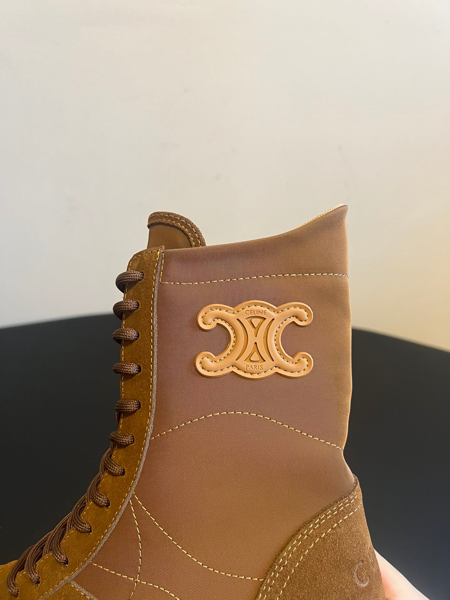 CELINE 26S LACE-UP ANKLE BOOTS IN BROWN SUEDE AND CANVAS