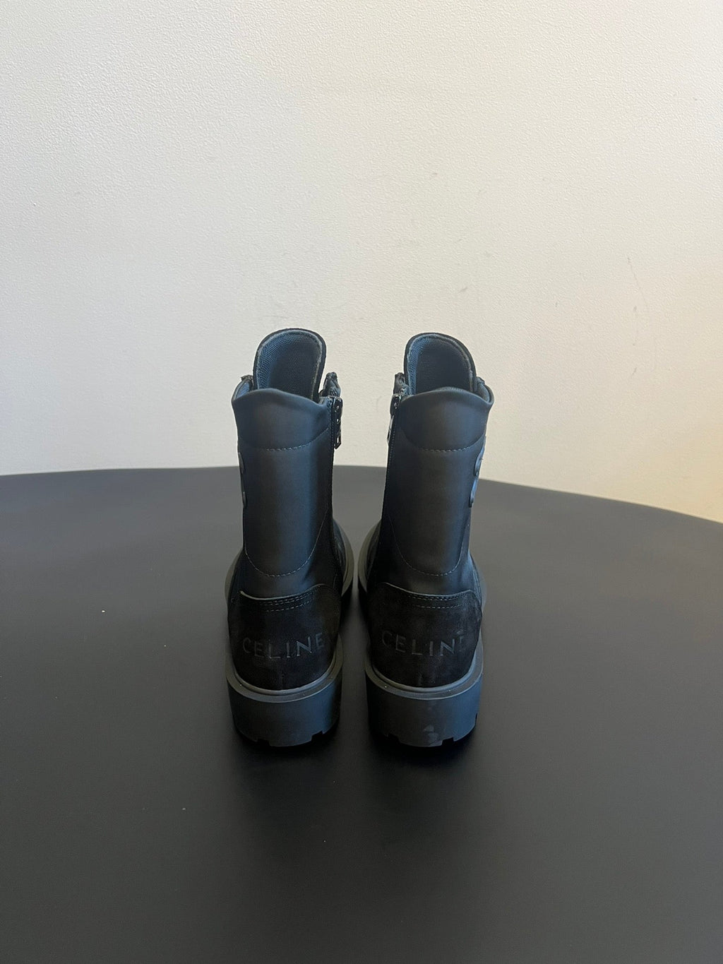 CELINE 26S LACE-UP ANKLE BOOTS IN BLACK SUEDE AND FABRIC