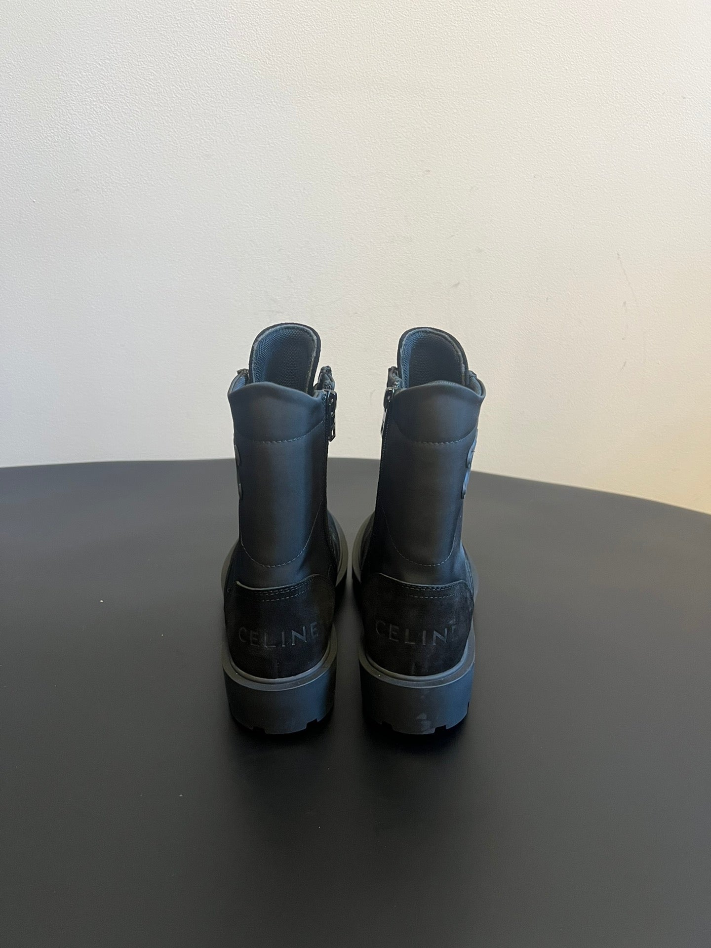 CELINE 26S LACE-UP ANKLE BOOTS IN BLACK SUEDE AND FABRIC