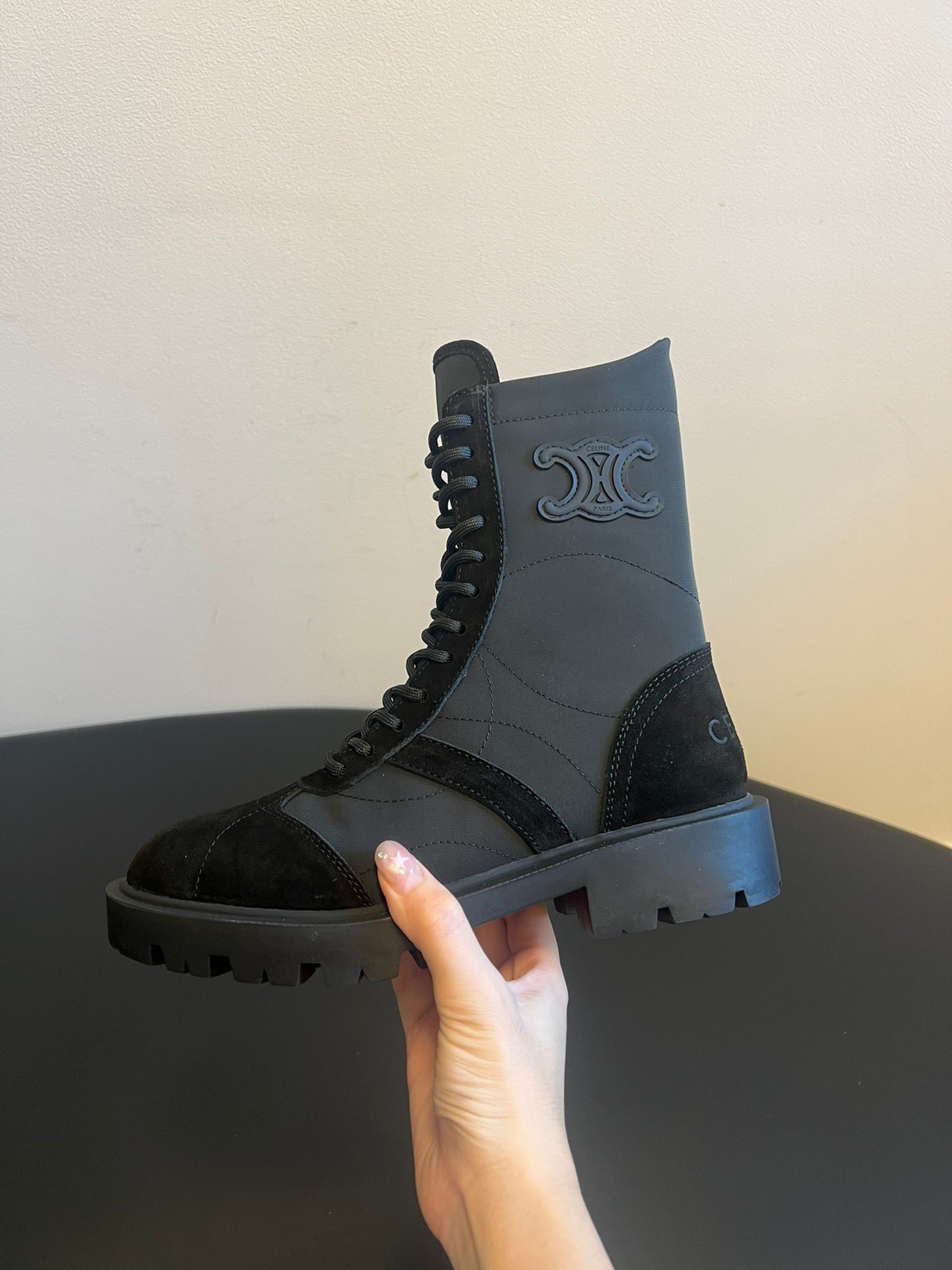 CELINE 26S LACE-UP ANKLE BOOTS IN BLACK SUEDE AND FABRIC