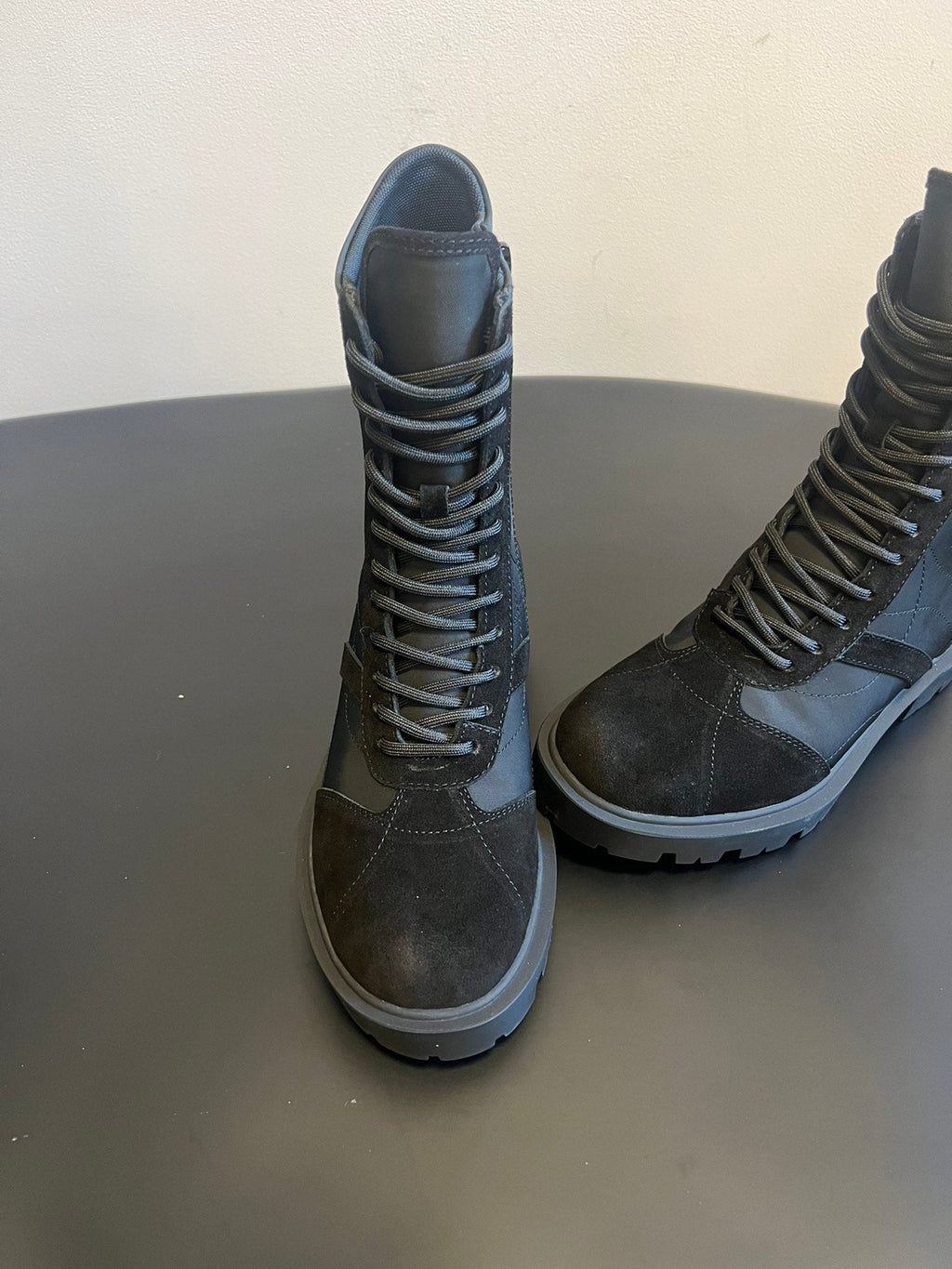 CELINE 26S LACE-UP ANKLE BOOTS IN BLACK SUEDE AND FABRIC