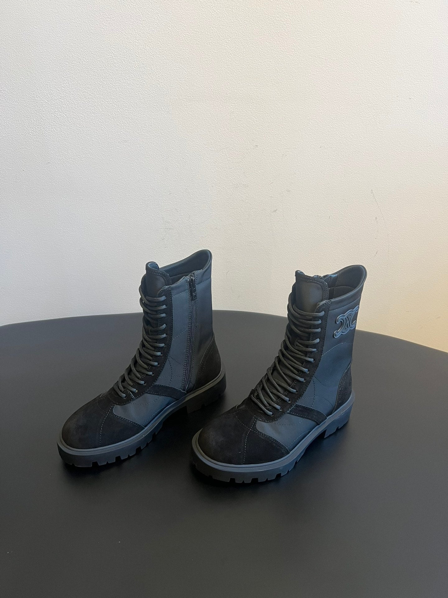 CELINE 26S LACE-UP ANKLE BOOTS IN BLACK SUEDE AND FABRIC