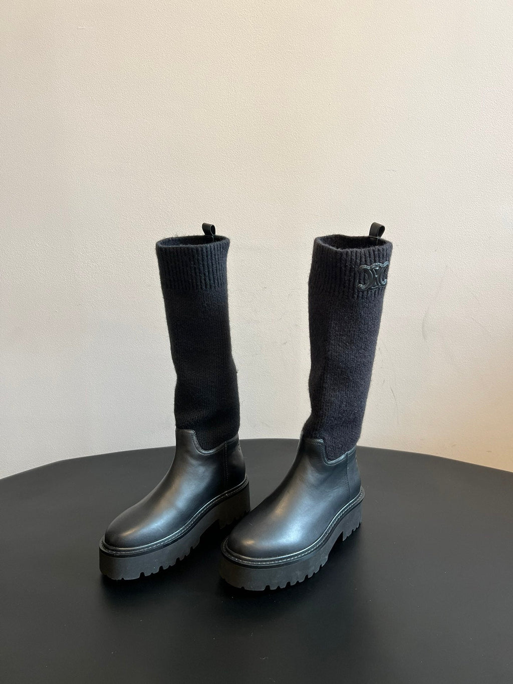 CELINE 26S HIGH-TOP BOOTS 60 MM IN BLACK CALFSKIN AND WOOL