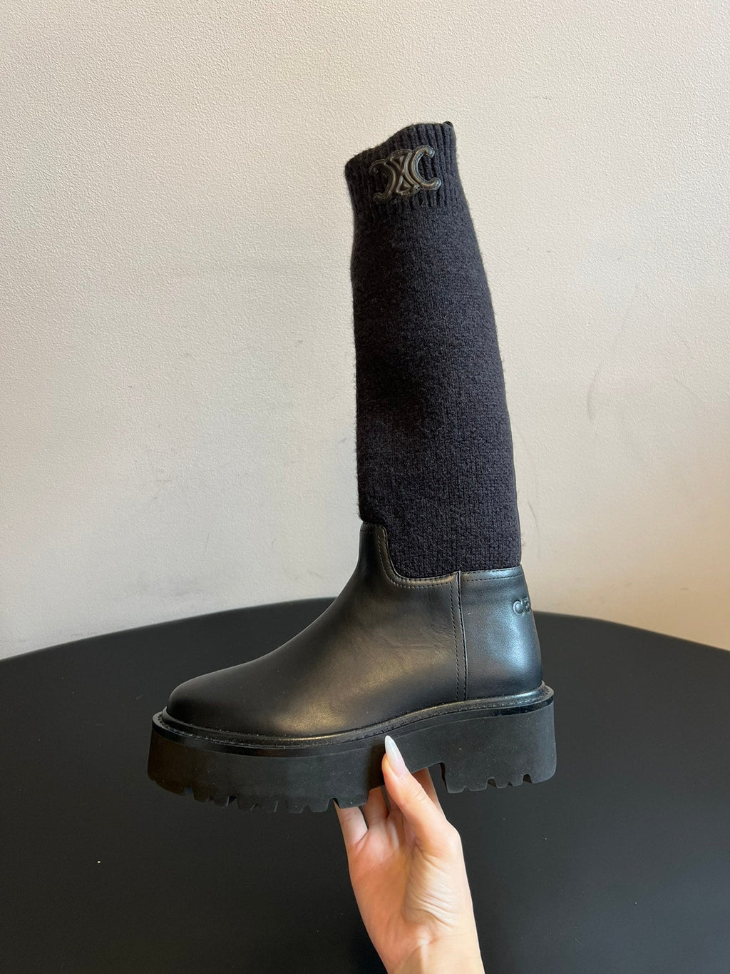 CELINE 26S HIGH-TOP BOOTS 60 MM IN BLACK CALFSKIN AND WOOL