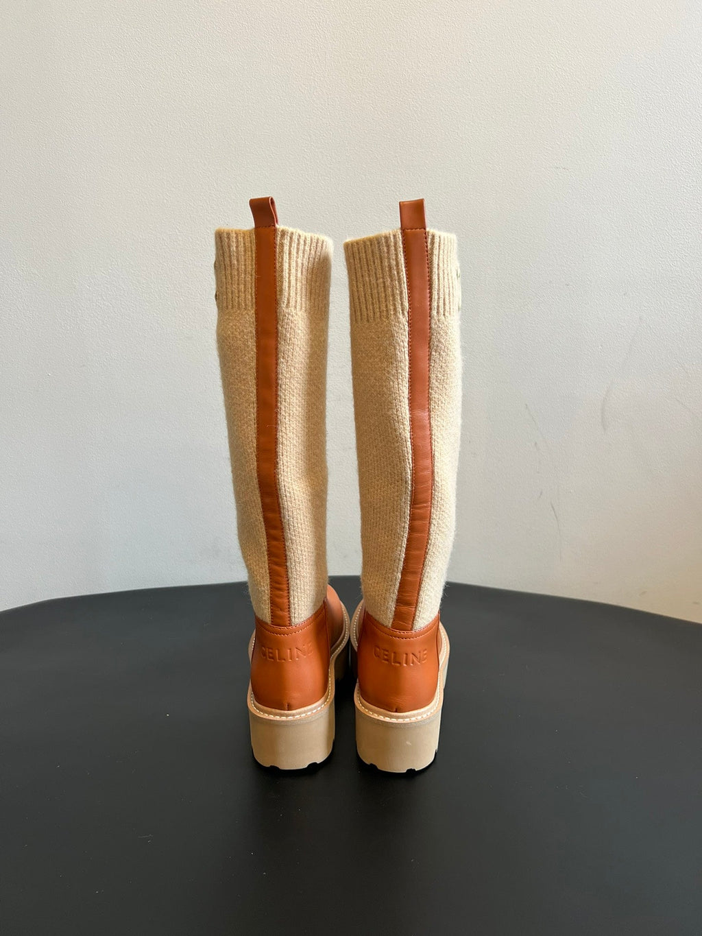 CELINE 26S HIGH-TOP BOOTS 60 MM IN ORANGE BROWN CALFSKIN AND BEIGE WOOL