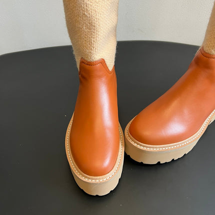 CELINE 26S HIGH-TOP BOOTS 60 MM IN ORANGE BROWN CALFSKIN AND BEIGE WOOL