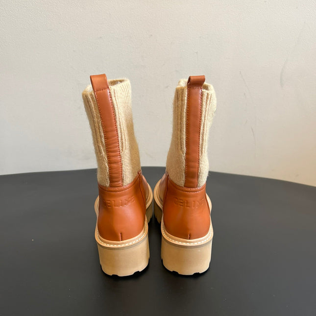 CELINE 26S ANKLE BOOTS 60 MM IN ORANGE BROWN CALFSKIN AND BEIGE WOOL
