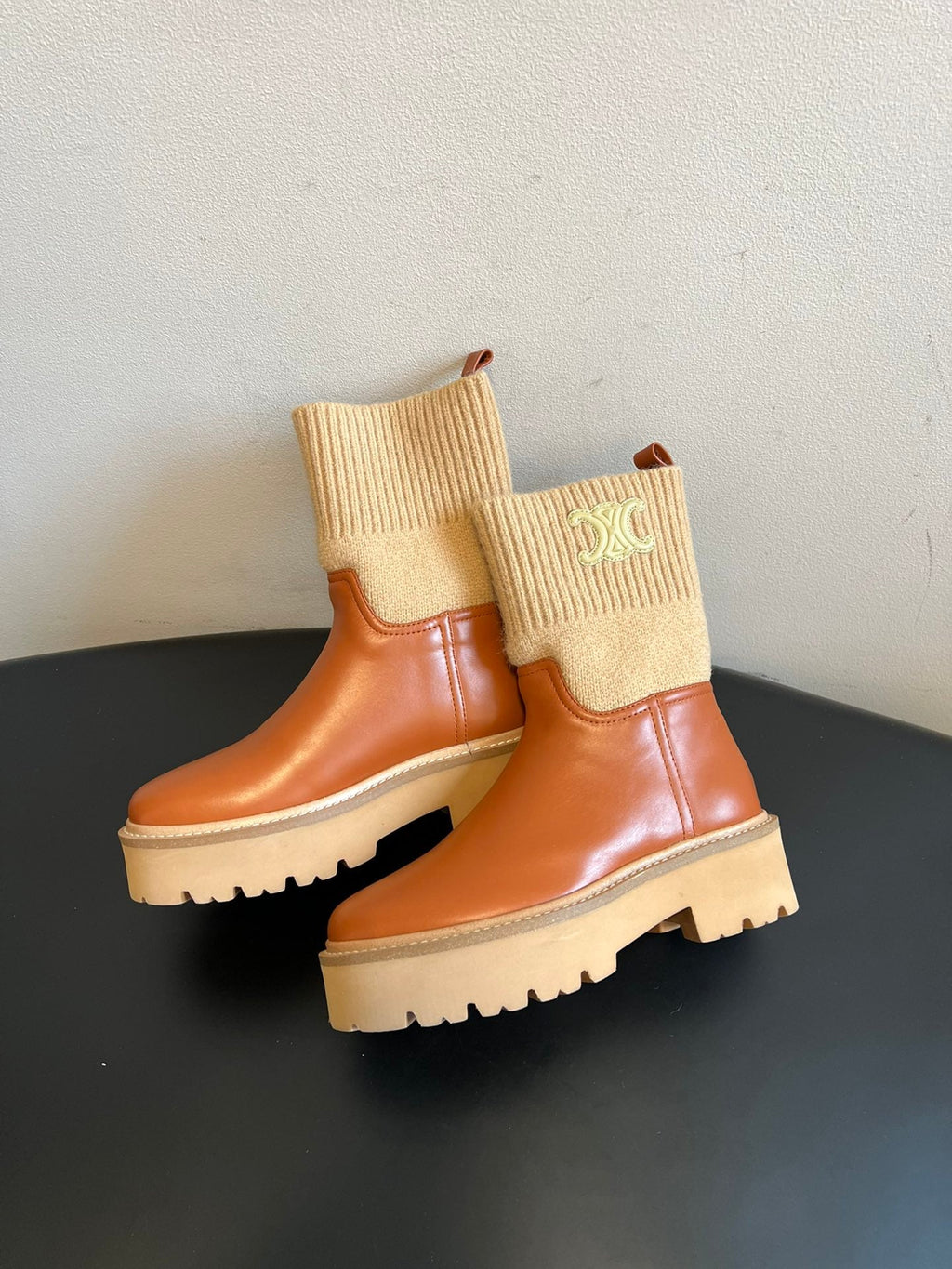 CELINE 26S ANKLE BOOTS 60 MM IN ORANGE BROWN CALFSKIN AND BEIGE WOOL