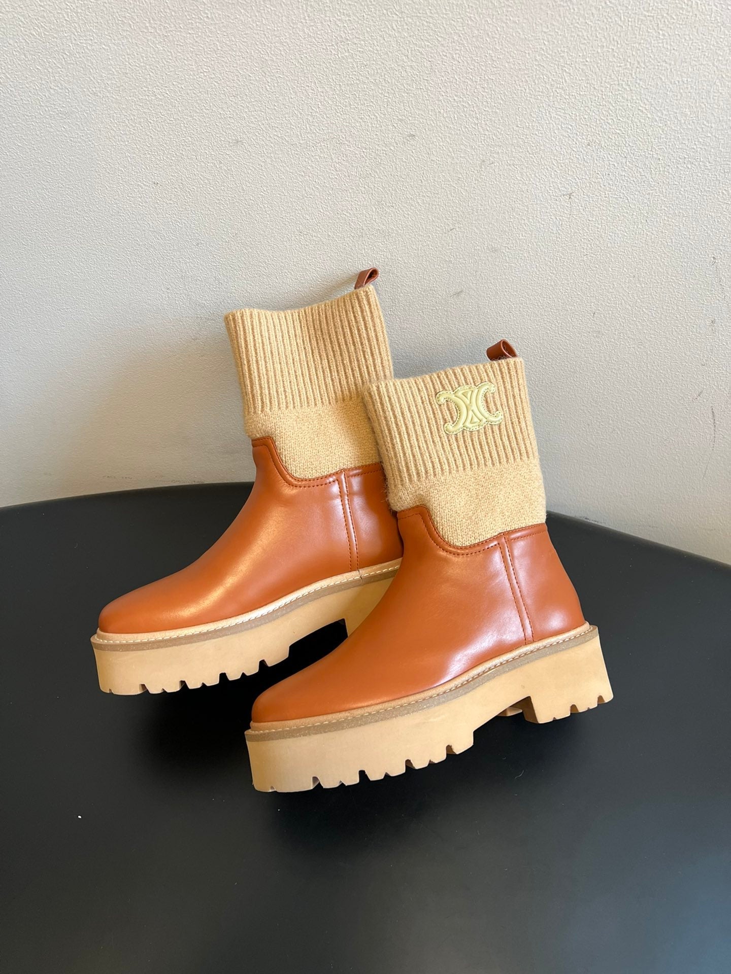 CELINE 26S ANKLE BOOTS 60 MM IN ORANGE BROWN CALFSKIN AND BEIGE WOOL