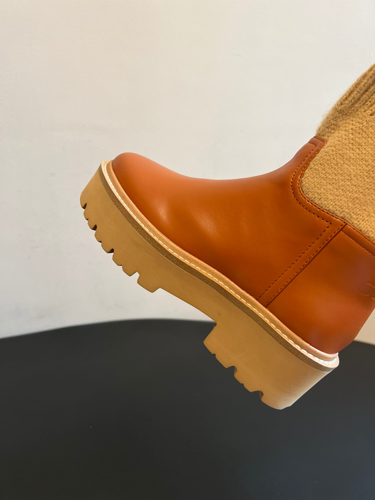CELINE 26S ANKLE BOOTS 60 MM IN ORANGE BROWN CALFSKIN AND BEIGE WOOL