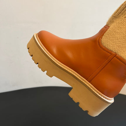 CELINE 26S ANKLE BOOTS 60 MM IN ORANGE BROWN CALFSKIN AND BEIGE WOOL