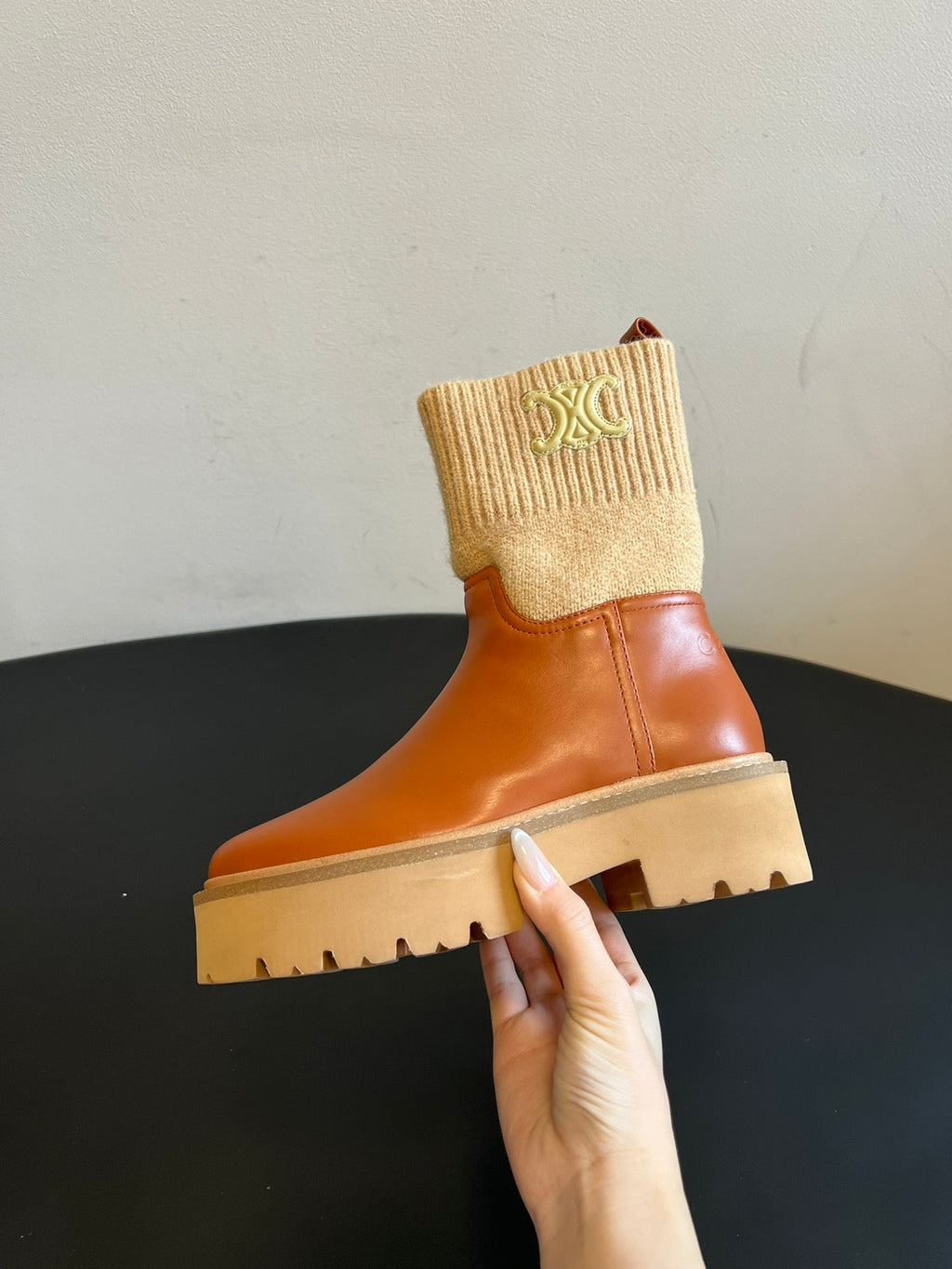 CELINE 26S ANKLE BOOTS 60 MM IN ORANGE BROWN CALFSKIN AND BEIGE WOOL