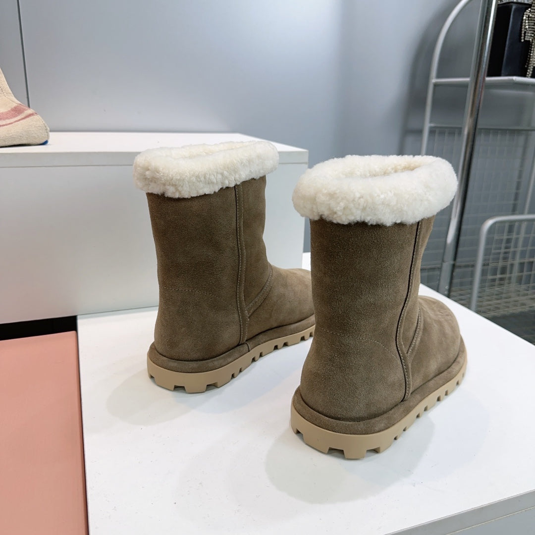 MIUMIU 25S BOOTIES IN DARK BROWN SUEDE AND SHEARLING