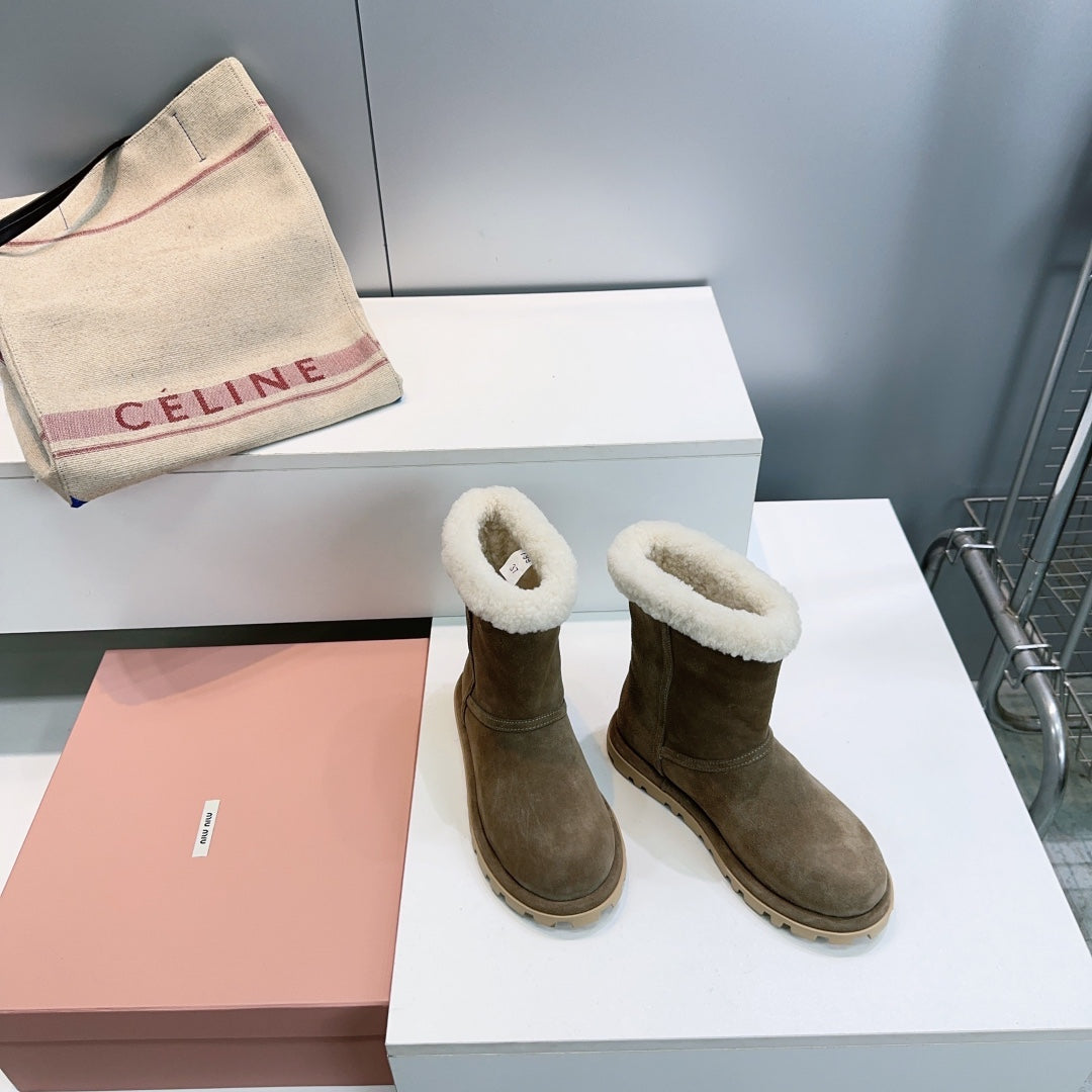 MIUMIU 25S BOOTIES IN DARK BROWN SUEDE AND SHEARLING