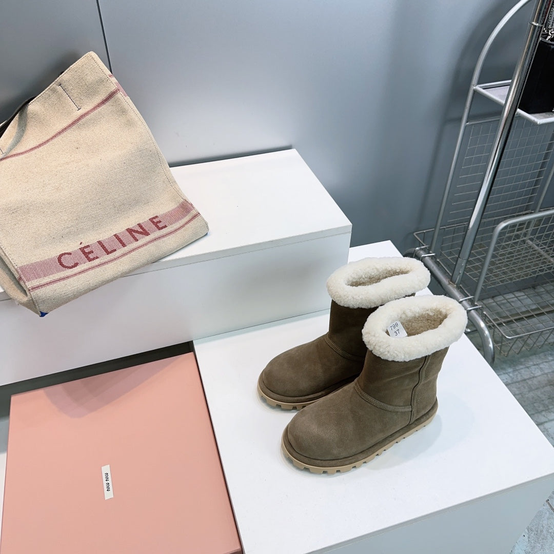 MIUMIU 25S BOOTIES IN DARK BROWN SUEDE AND SHEARLING
