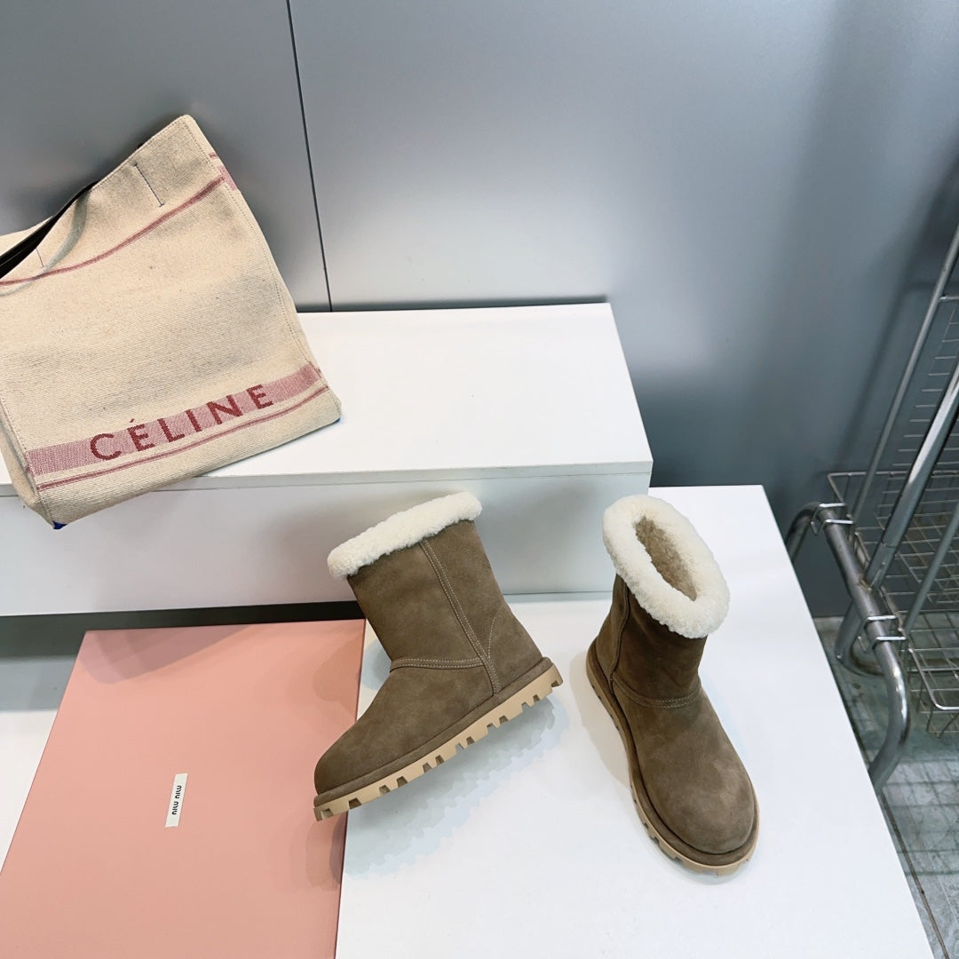 MIUMIU 25S BOOTIES IN DARK BROWN SUEDE AND SHEARLING
