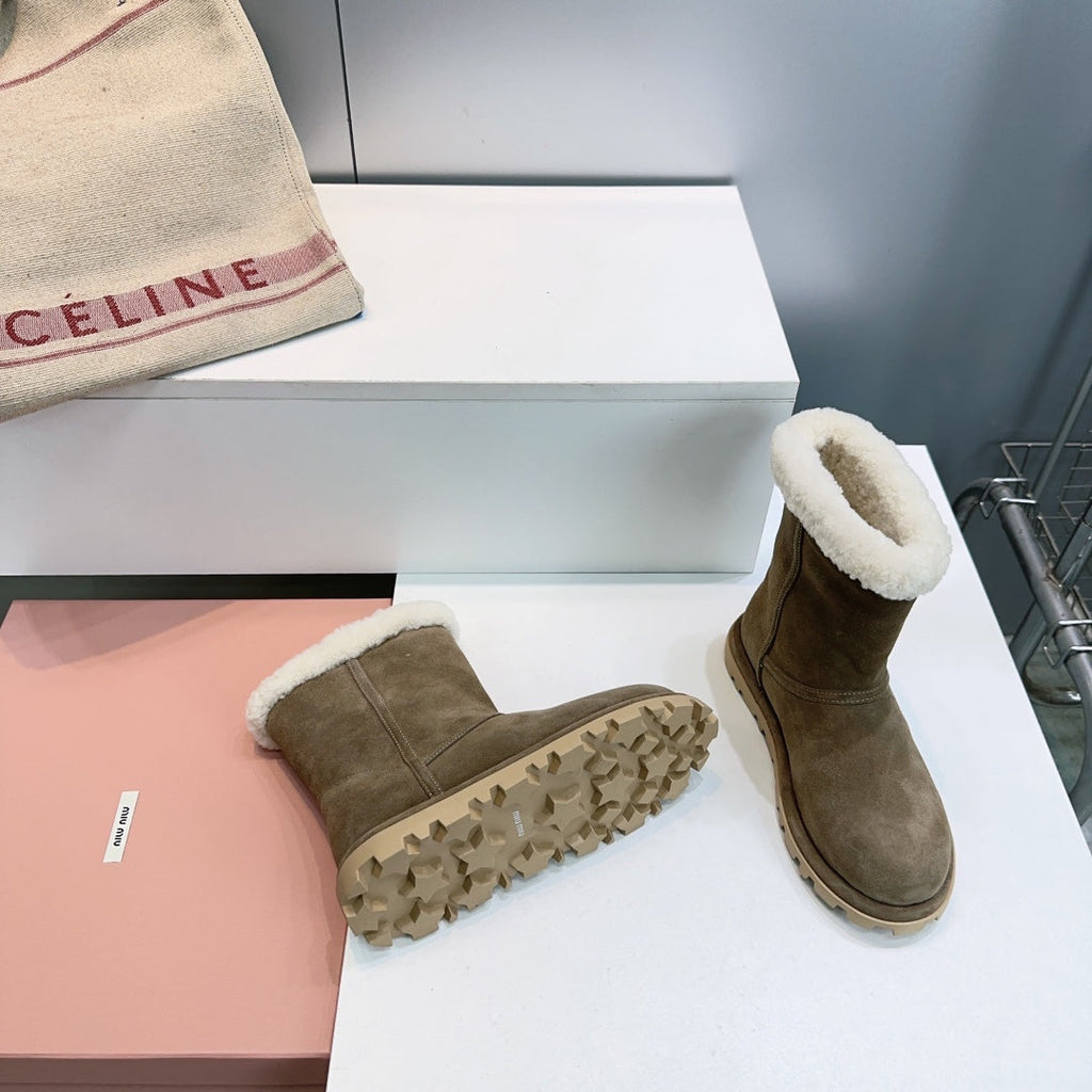 MIUMIU 25S BOOTIES IN DARK BROWN SUEDE AND SHEARLING
