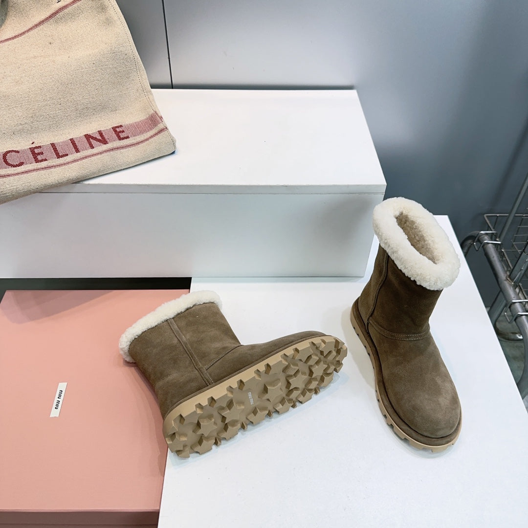 MIUMIU 25S BOOTIES IN DARK BROWN SUEDE AND SHEARLING