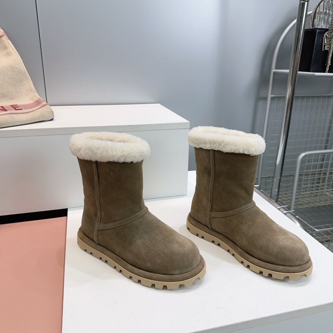 MIUMIU 25S BOOTIES IN DARK BROWN SUEDE AND SHEARLING