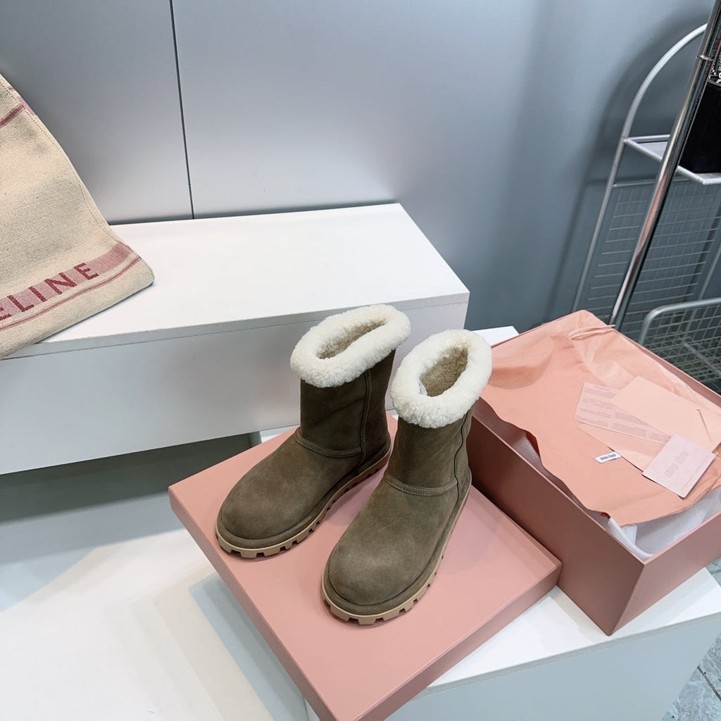 MIUMIU 25S BOOTIES IN DARK BROWN SUEDE AND SHEARLING