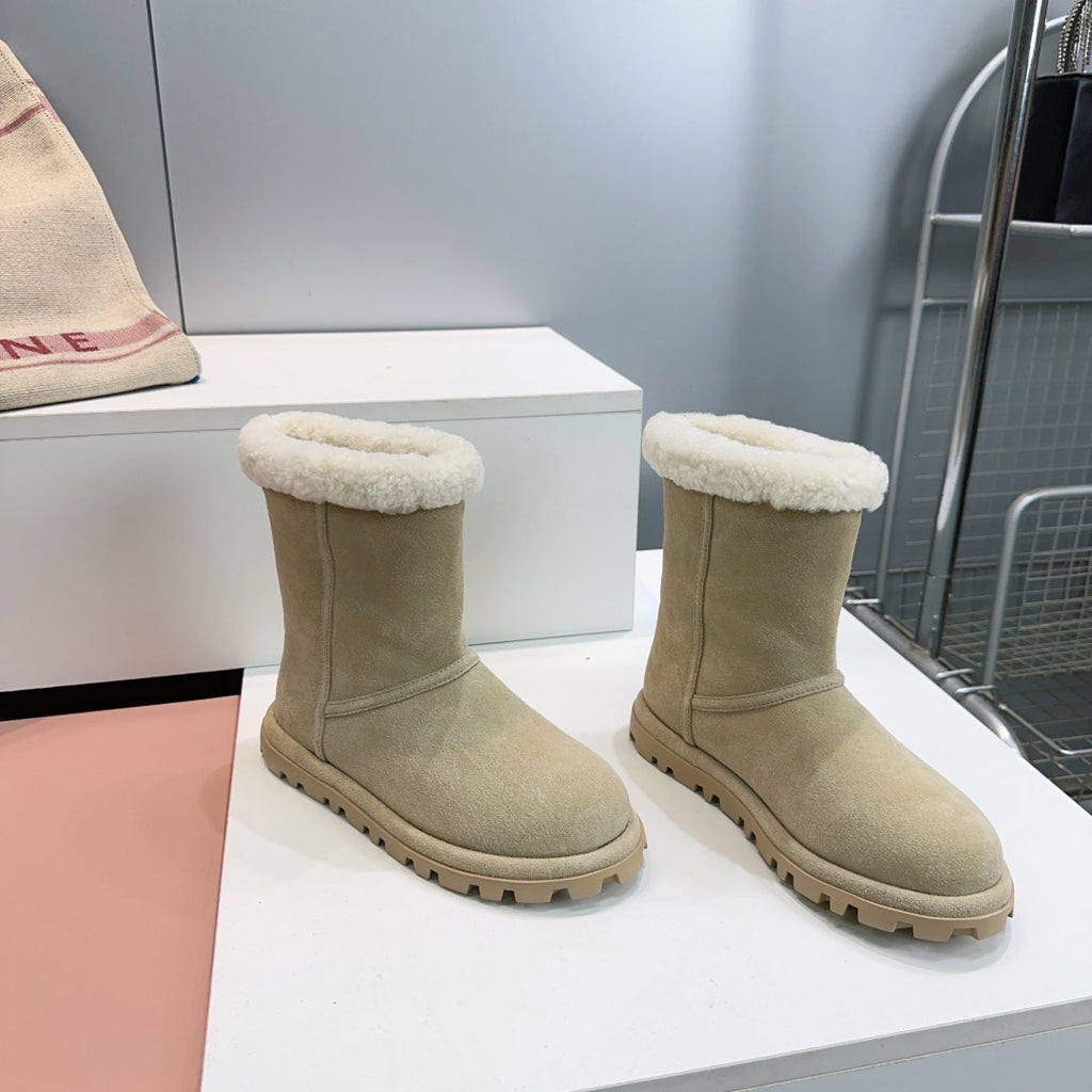 MIUMIU 25S BOOTIES IN DARK BEIGE SUEDE AND SHEARLING