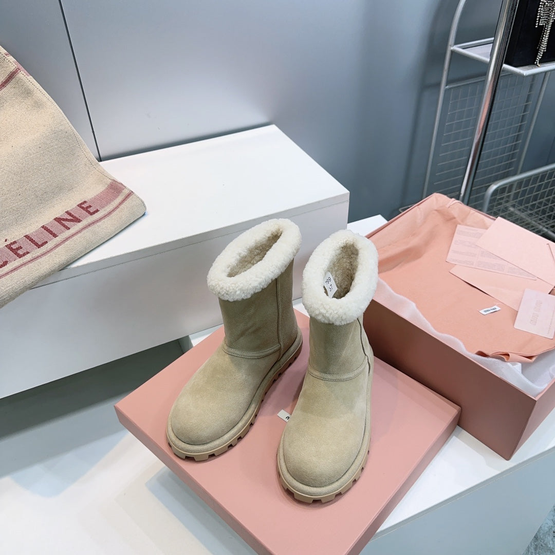 MIUMIU 25S BOOTIES IN DARK BEIGE SUEDE AND SHEARLING
