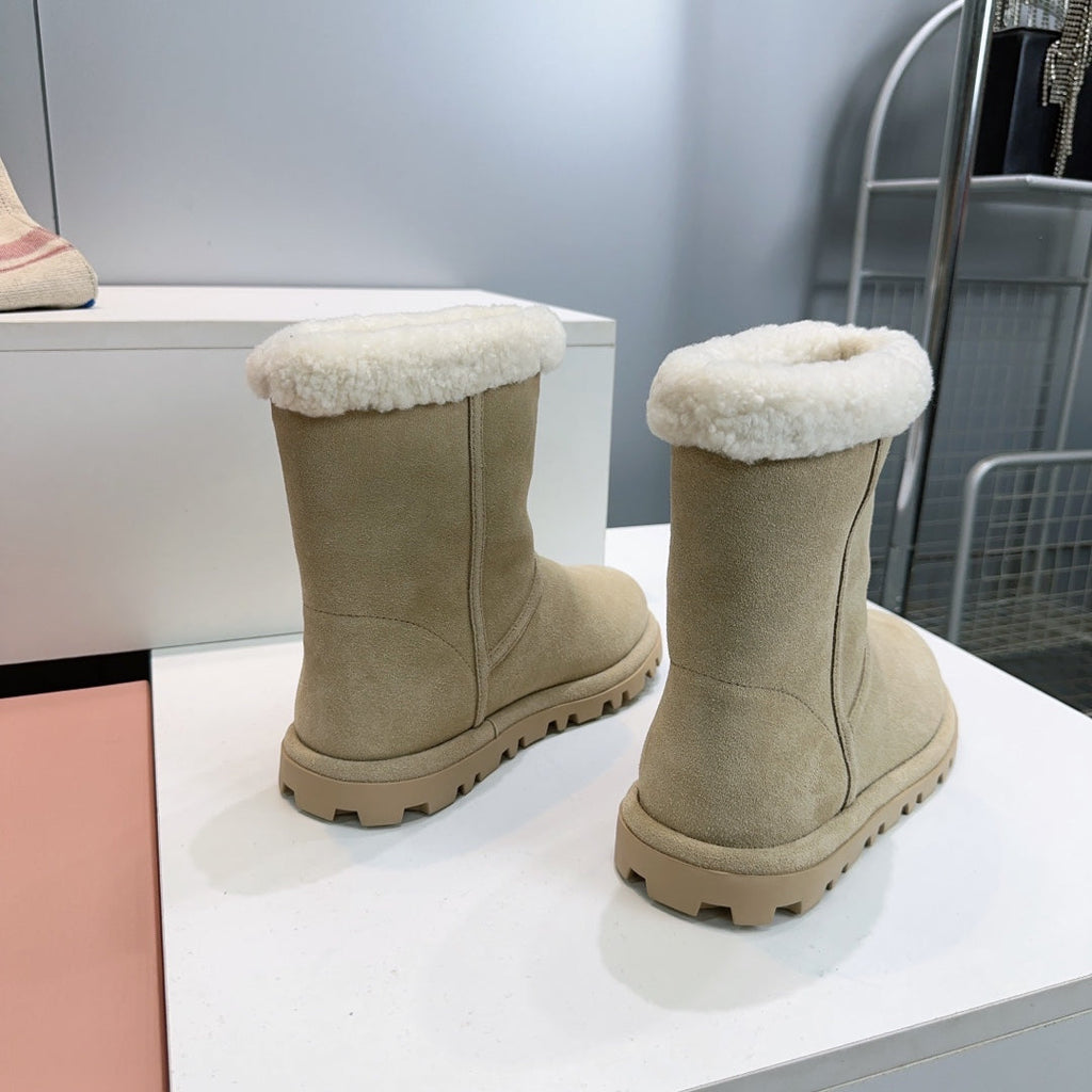 MIUMIU 25S BOOTIES IN DARK BEIGE SUEDE AND SHEARLING