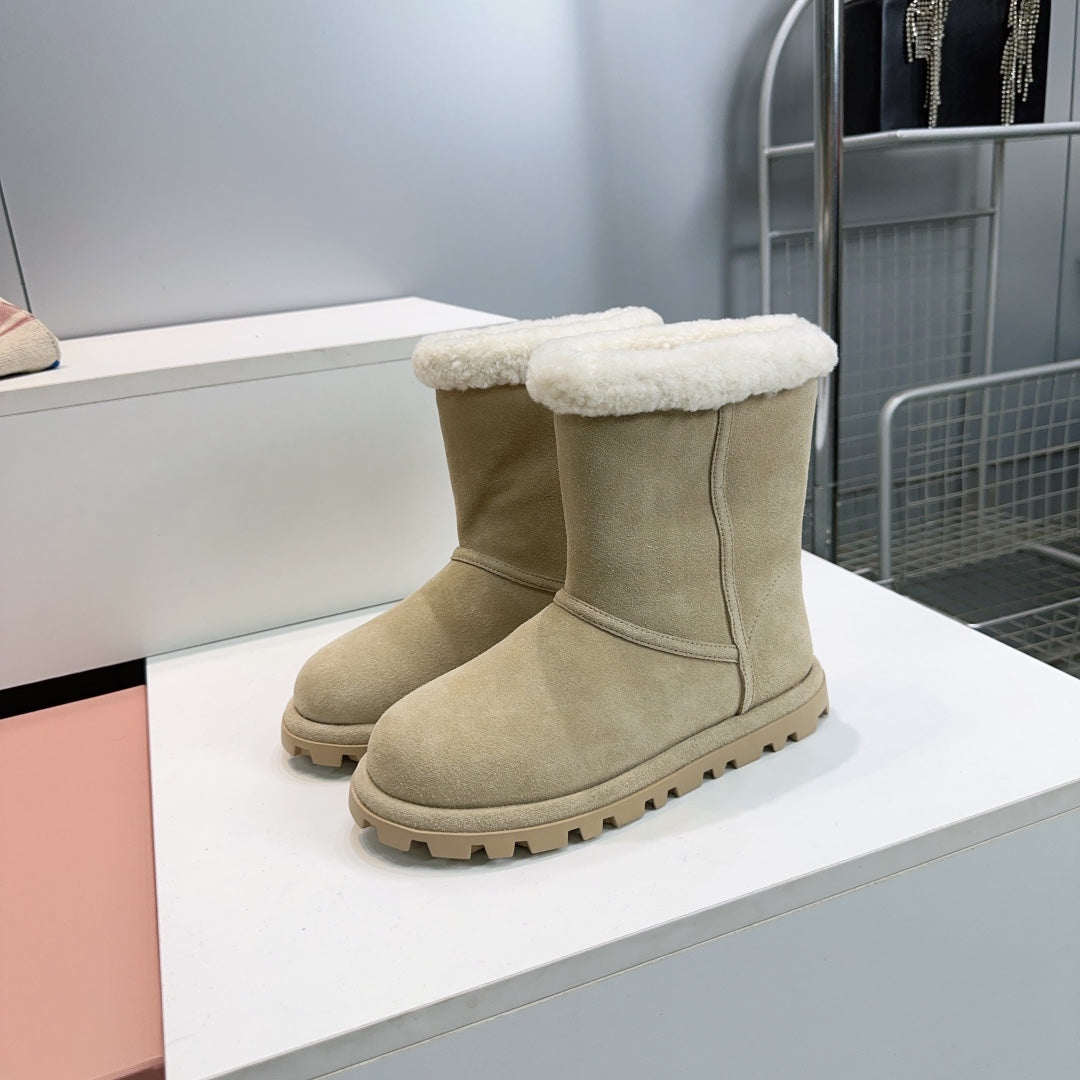 MIUMIU 25S BOOTIES IN DARK BEIGE SUEDE AND SHEARLING
