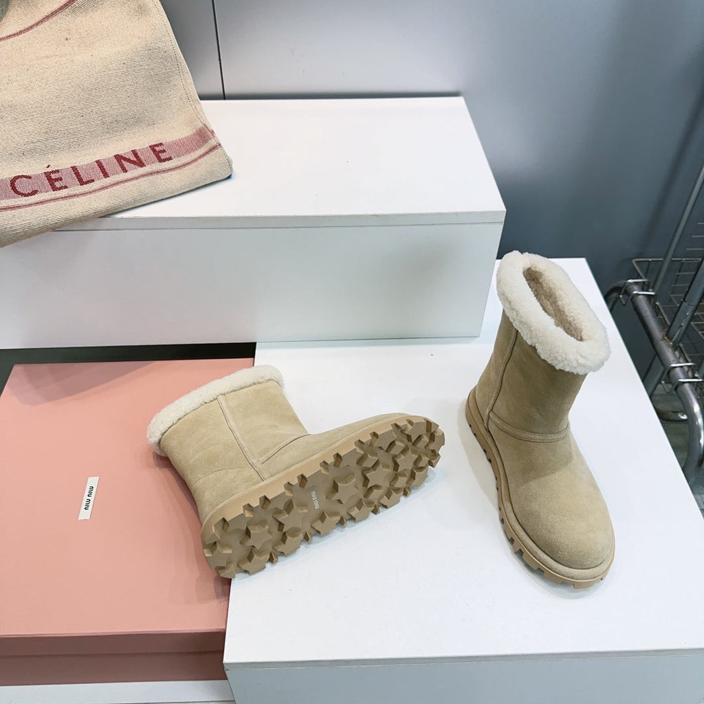 MIUMIU 25S BOOTIES IN DARK BEIGE SUEDE AND SHEARLING