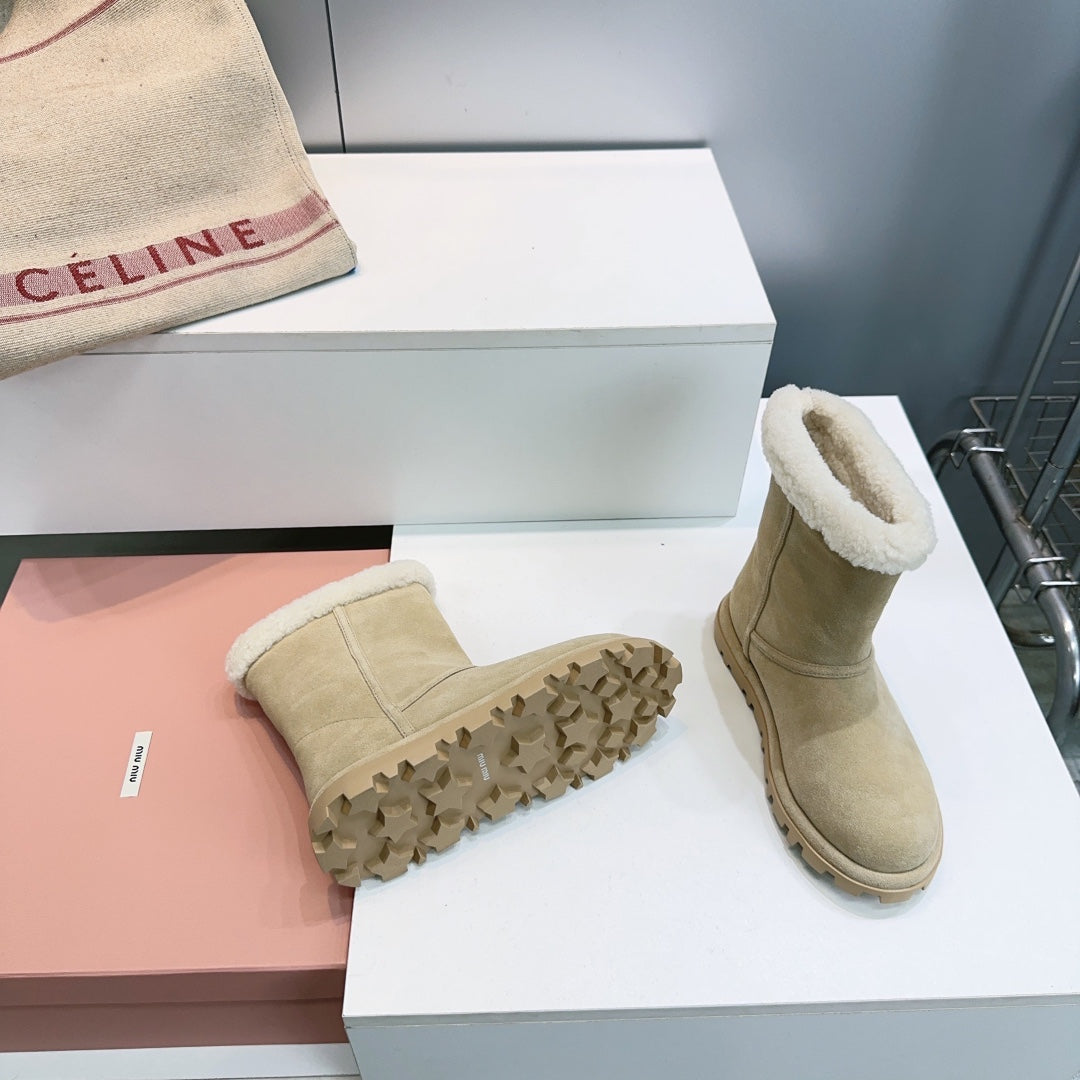 MIUMIU 25S BOOTIES IN DARK BEIGE SUEDE AND SHEARLING