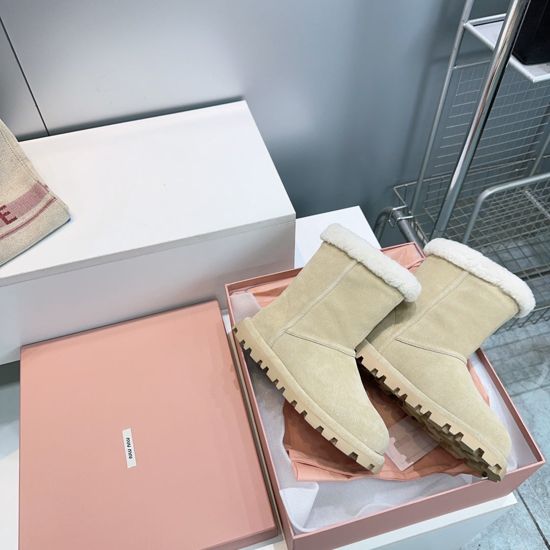 MIUMIU 25S BOOTIES IN DARK BEIGE SUEDE AND SHEARLING