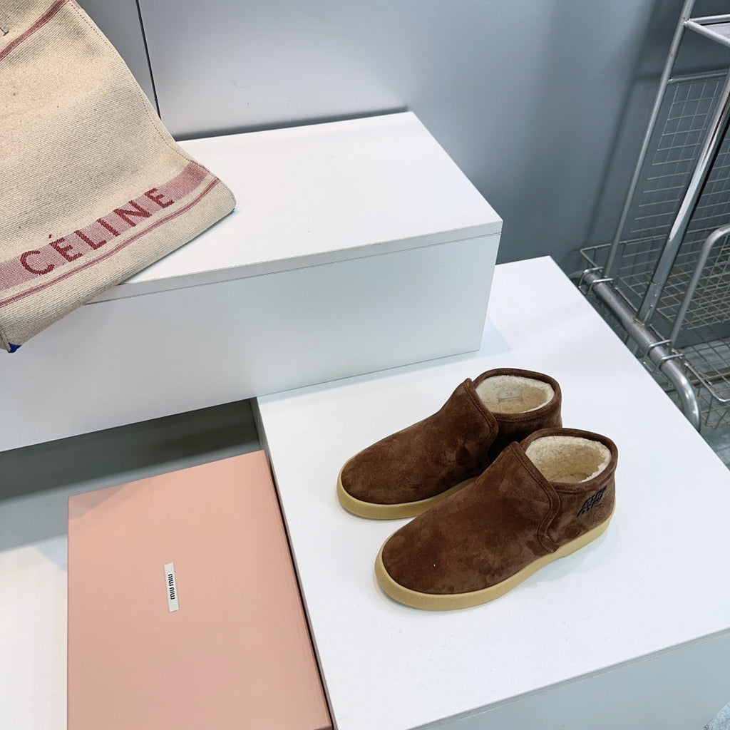 MIUMIU 25S SLIP-ON BOOTIES IN DARK BROWN SUEDE AND SHEARLING