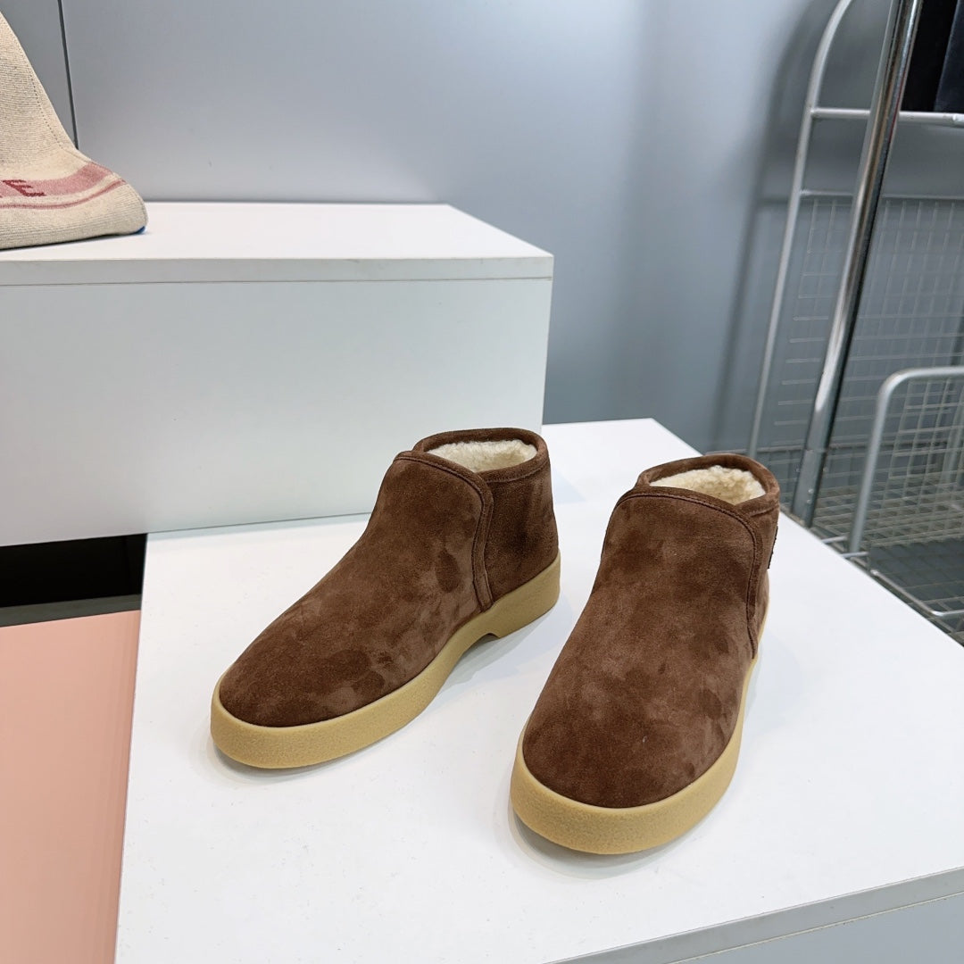 MIUMIU 25S SLIP-ON BOOTIES IN DARK BROWN SUEDE AND SHEARLING