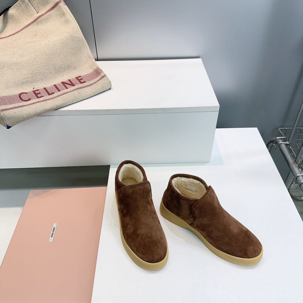 MIUMIU 25S SLIP-ON BOOTIES IN DARK BROWN SUEDE AND SHEARLING