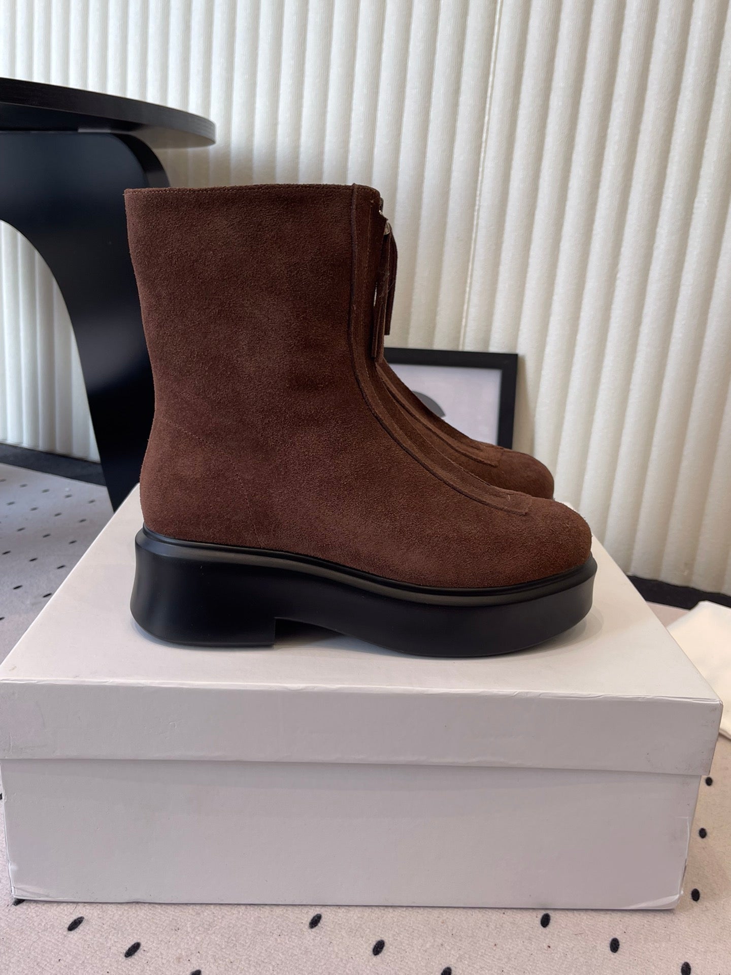 THE ROW ZIPPED ANKLE BOOT IN CHOCOLATE BROWN SUEDE