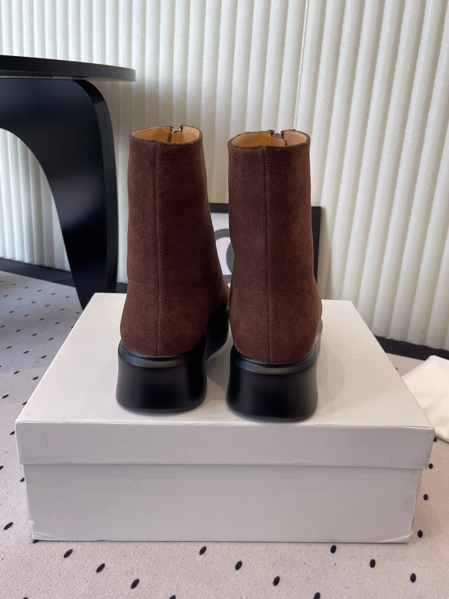 THE ROW ZIPPED ANKLE BOOT IN CHOCOLATE BROWN SUEDE