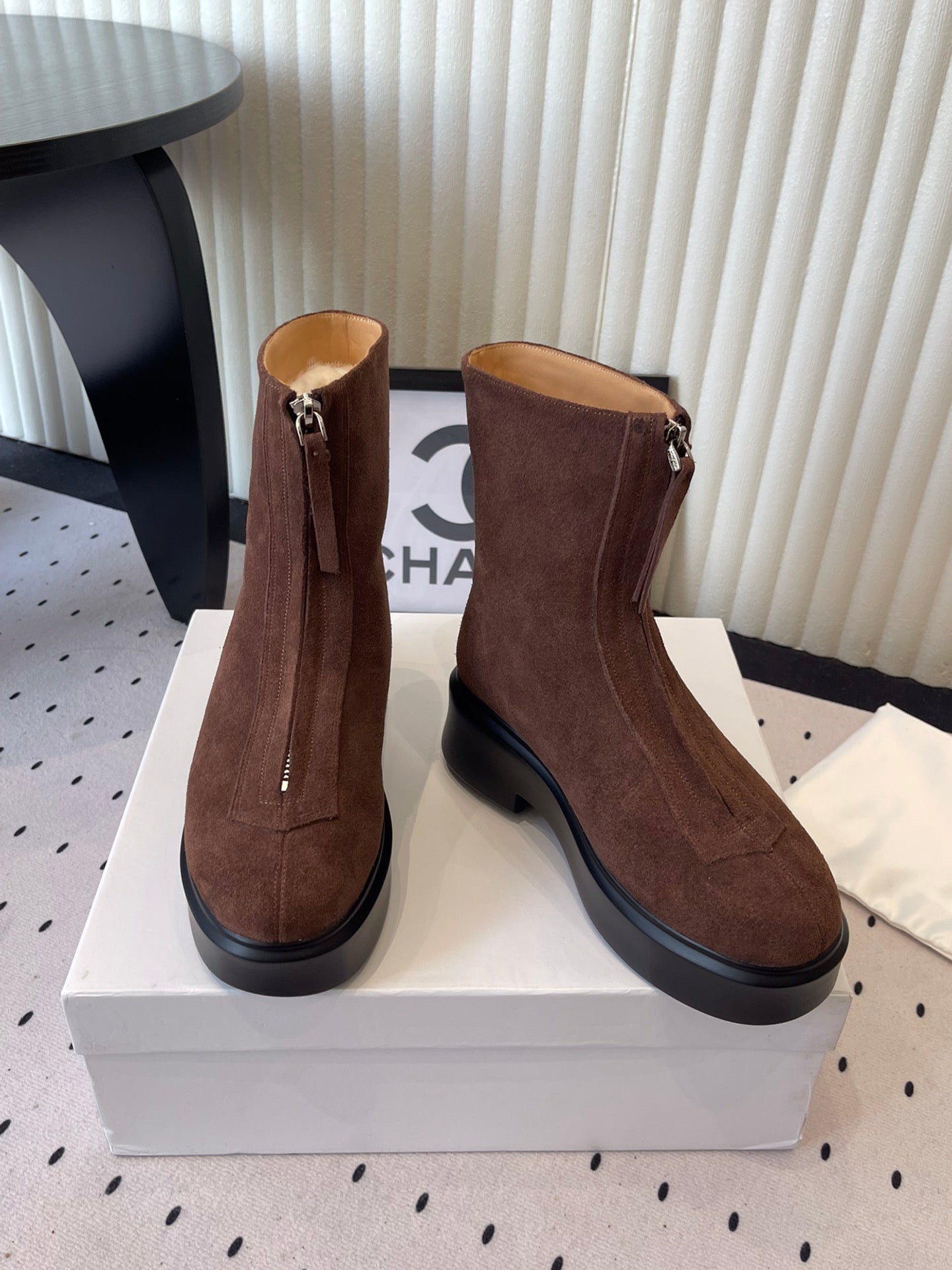 THE ROW ZIPPED ANKLE BOOT IN CHOCOLATE BROWN SUEDE