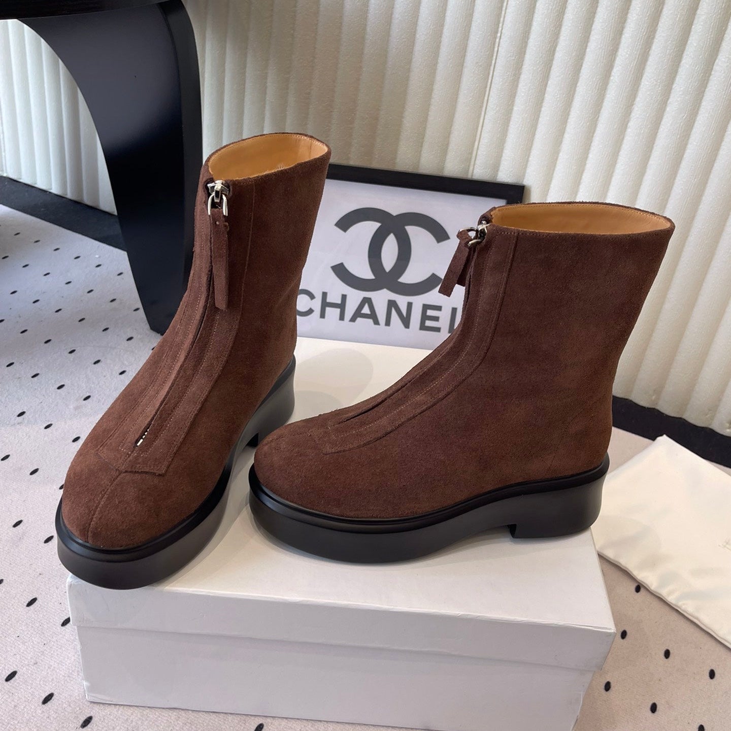 THE ROW ZIPPED ANKLE BOOT IN CHOCOLATE BROWN SUEDE
