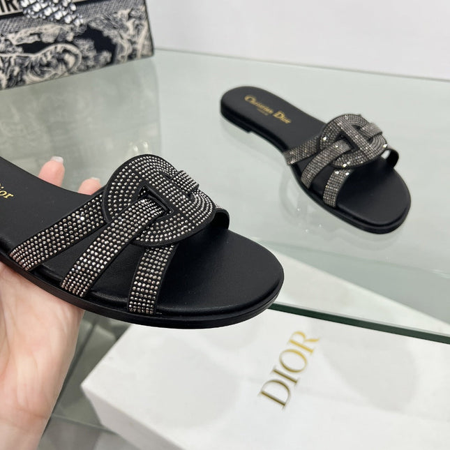 DIOR 26S D-CLUB SLIDE SANDAL IN BLACK CRYSTAL-EMBELLISHED CALFSKIN